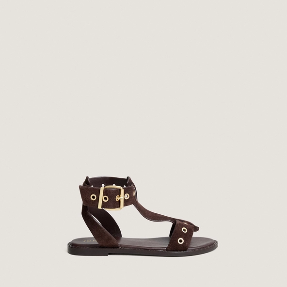 Structured ankle-strap sandals in dark brown split leather | WIZZ