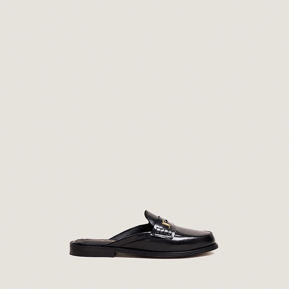 Backless loafers with monogram detailing in black patent leather | AMAURY