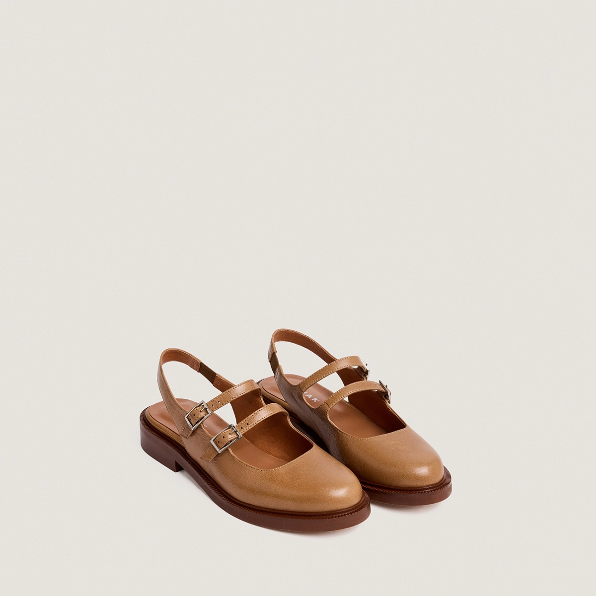 Double-strap slingback ballet flats in beige aged leather | DREAMER