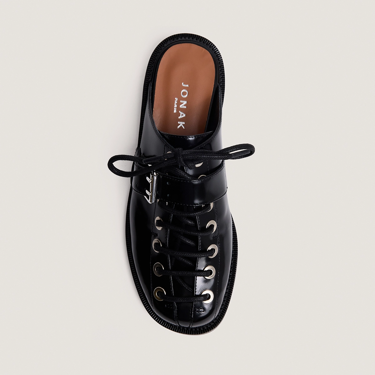 Lace-up mules in black glazed leather| DESSA