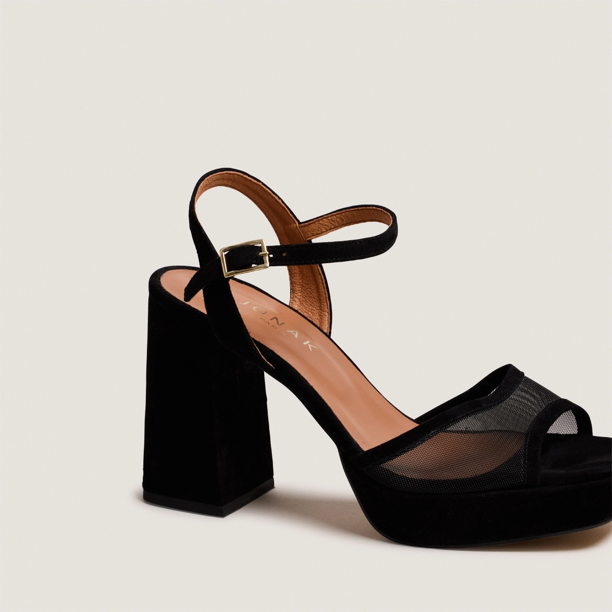 High-heeled platform sandals in black suede and mesh | VAPO
