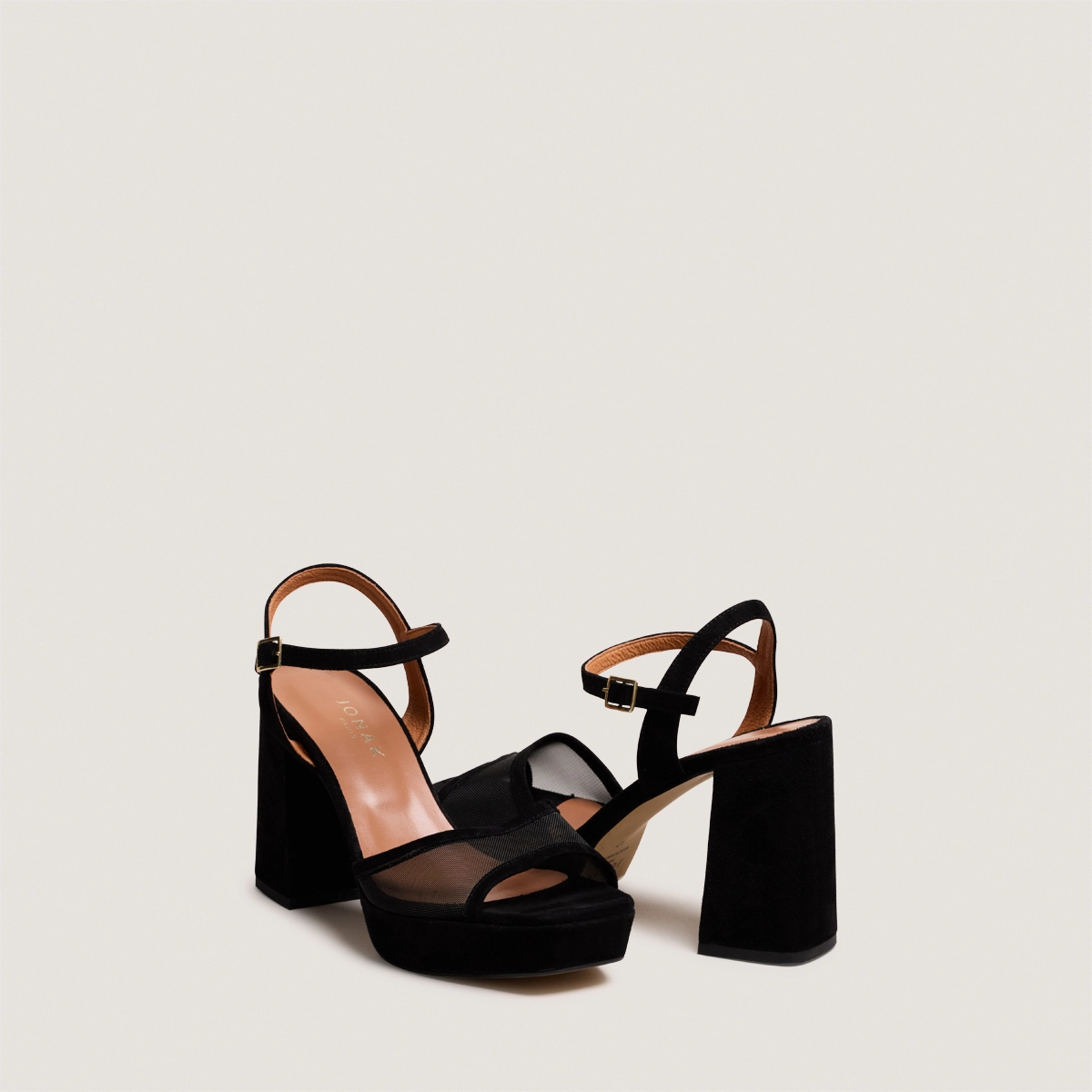 High-heeled platform sandals in black suede and mesh | VAPO