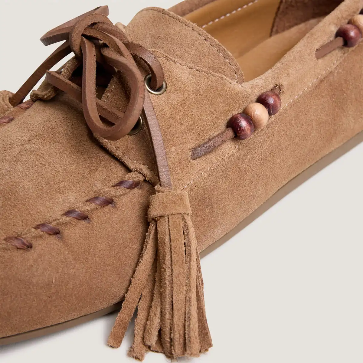 Soft loafers with beaded details in taupe split leather | LEONIE