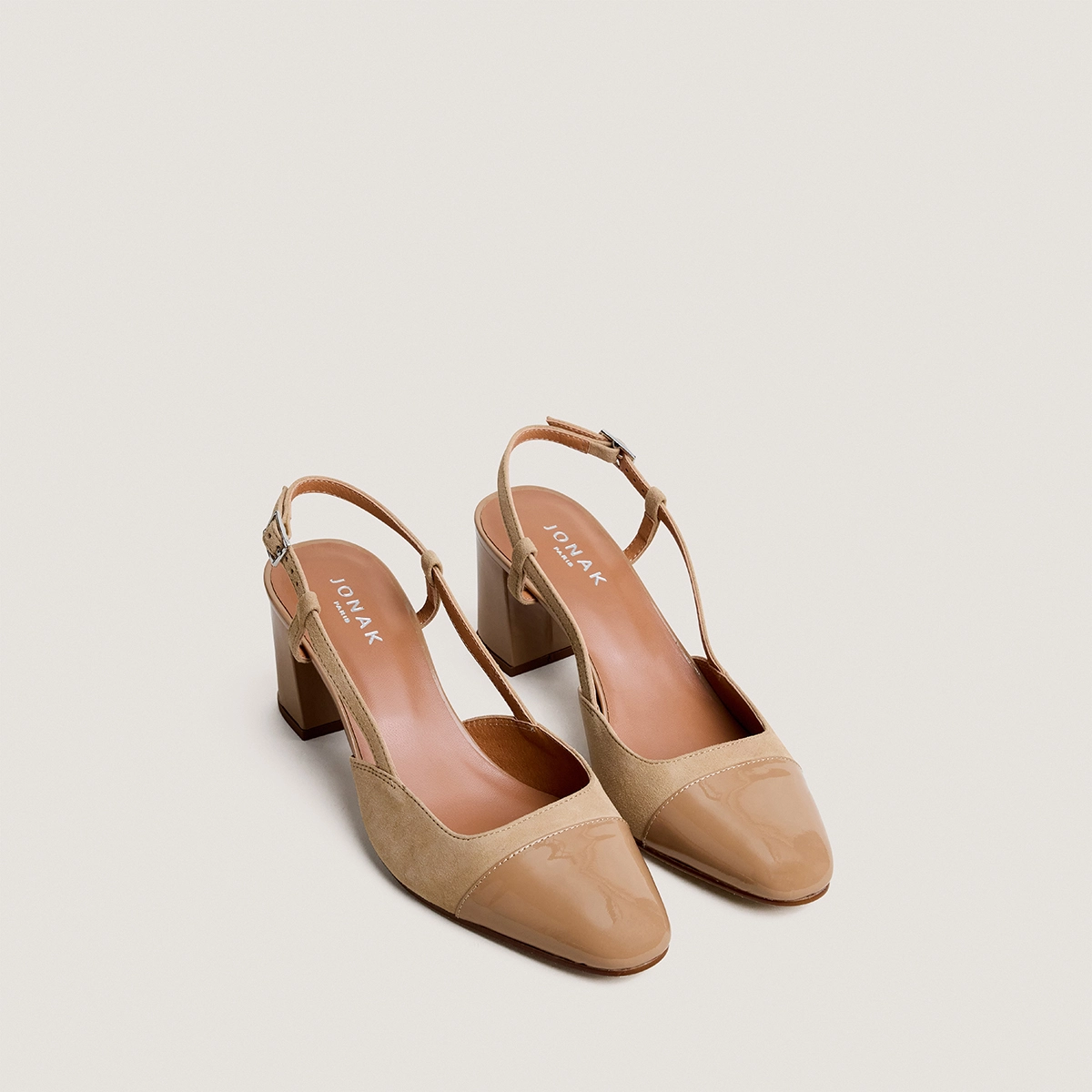 Heeled slingbacks in camel patent leather and suede | DHAPOP