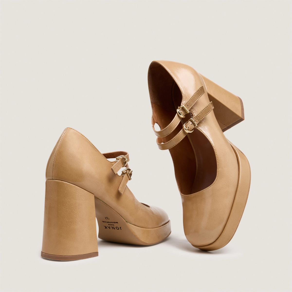 Double-strap platform Mary Janes in latte glossy leather | VERITE
