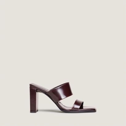 Heeled mules with double straps in dark brown leather | britney