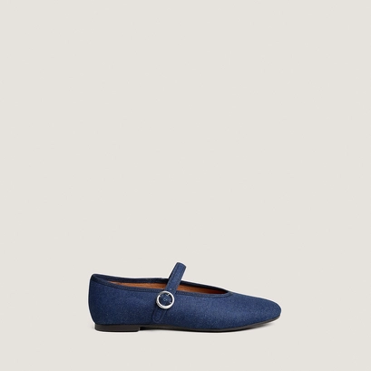 Ballet flats with adjustable straps and buckles in dark blue denim | deesse