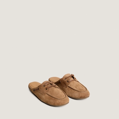 Soft backless loafers in taupe split leather | lilou