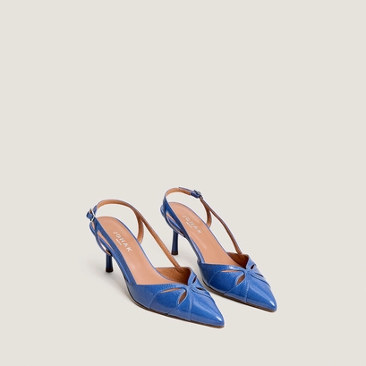 Pointed-toe slingback pumps in steel blue pleated patent leather | damour