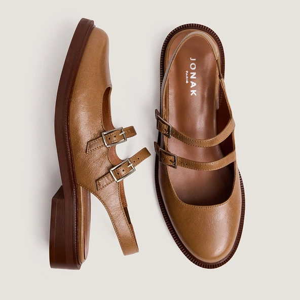 Double-strap slingback ballet flats in beige aged leather | DREAMER