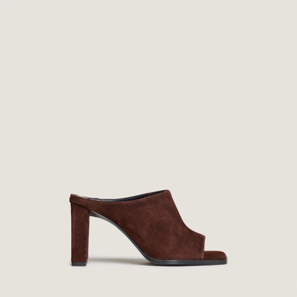 Heeled mules in chocolate split leather | BLAIR