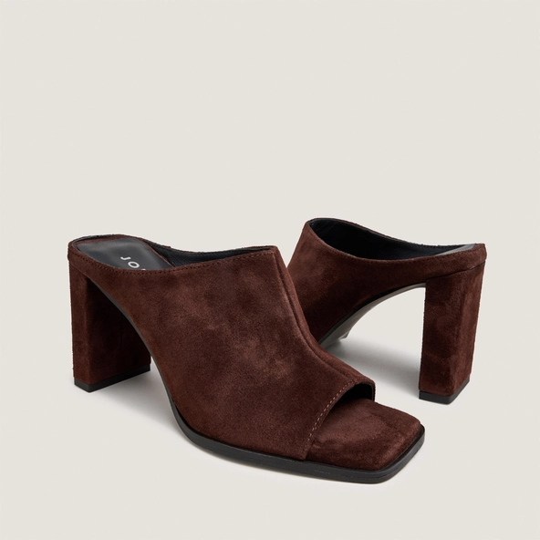 Heeled mules in chocolate split leather | BLAIR