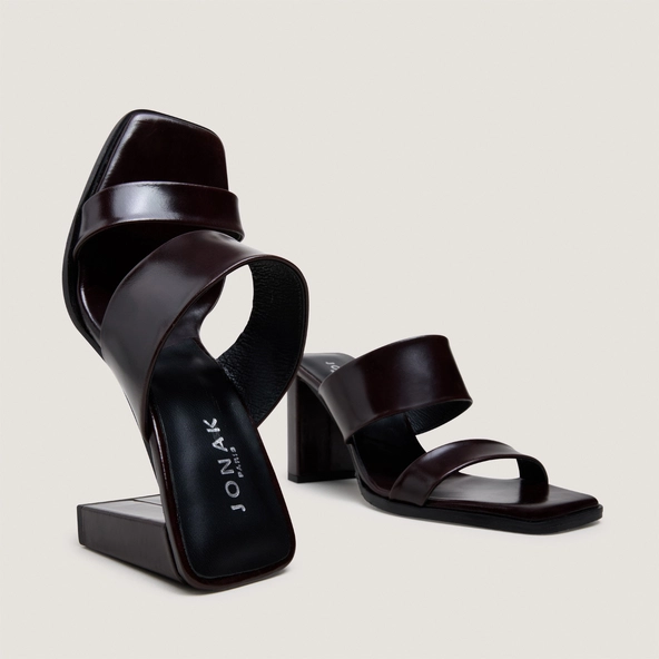 Heeled mules with double straps in dark brown leather | BRITNEY