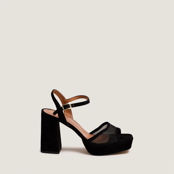High-heeled platform sandals in black suede and mesh | VAPO