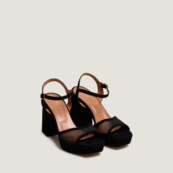 High-heeled platform sandals in black suede and mesh | VAPO