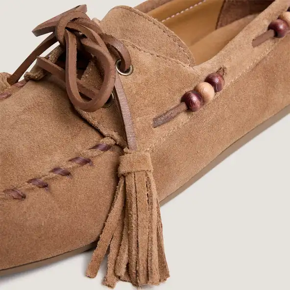 Soft loafers with beaded details in taupe split leather | LEONIE