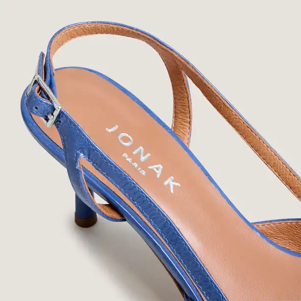 Pointed-toe slingback pumps in steel blue pleated patent leather | DAMOUR