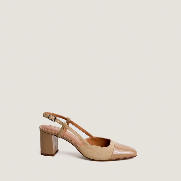 Heeled slingbacks in camel patent leather and suede | DHAPOP