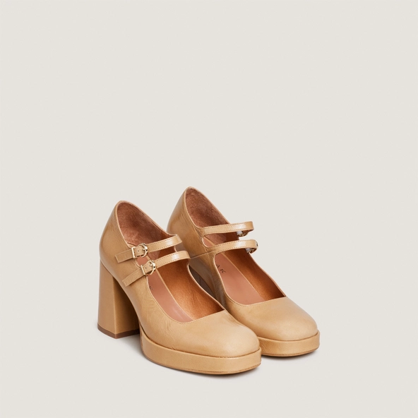 Double-strap platform Mary Janes in latte glossy leather | VERITE