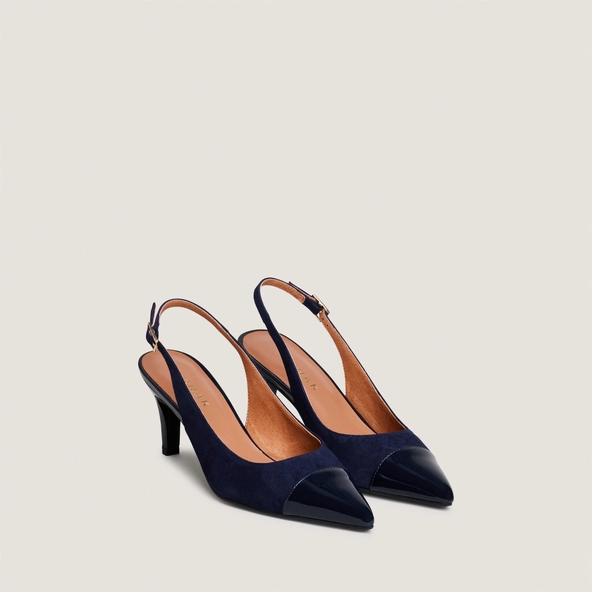 Slingback pumps in navy patent leather and suede | DESTELLE