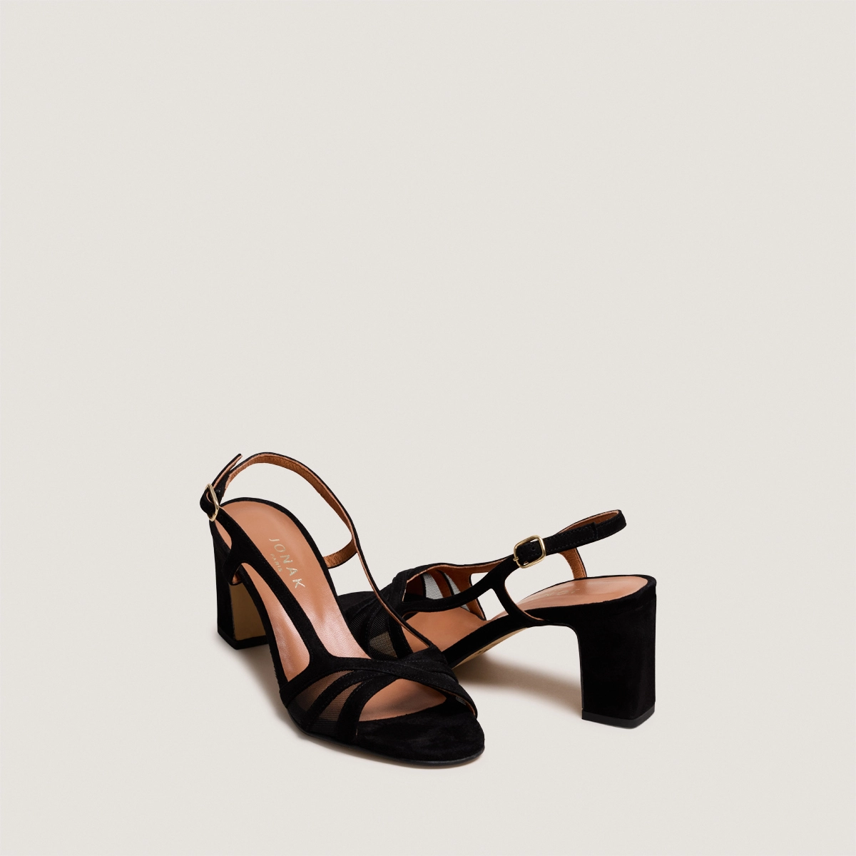 Heeled sandals in black suede and black mesh | VAHINE