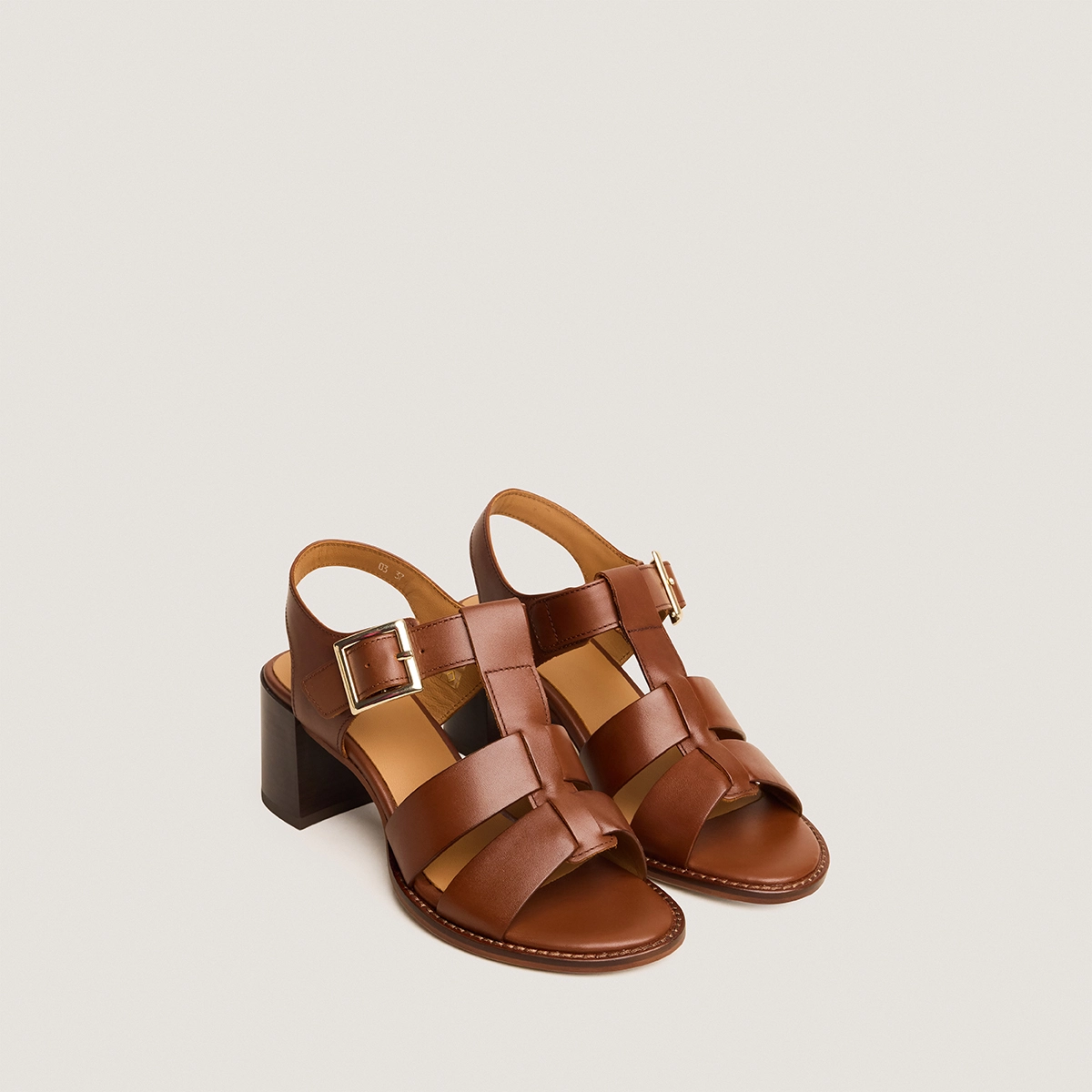 Block-heel sandals with adjustable buckles in cognac leather | ALEXANDRIE