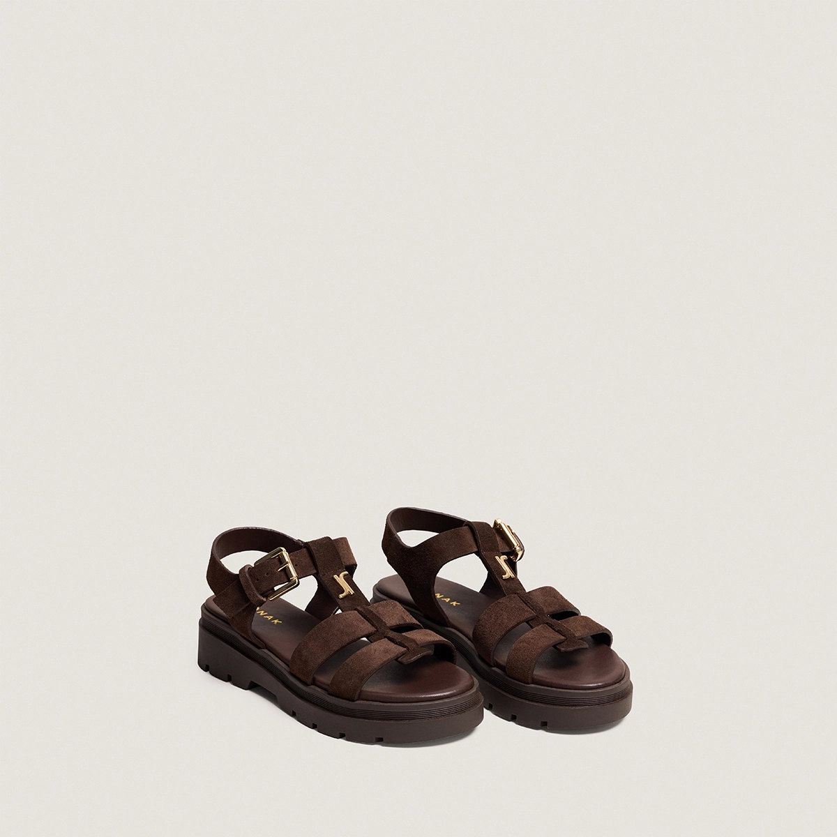 Platform sandals with adjustable buckles in split brown leather | LIVERPOOL