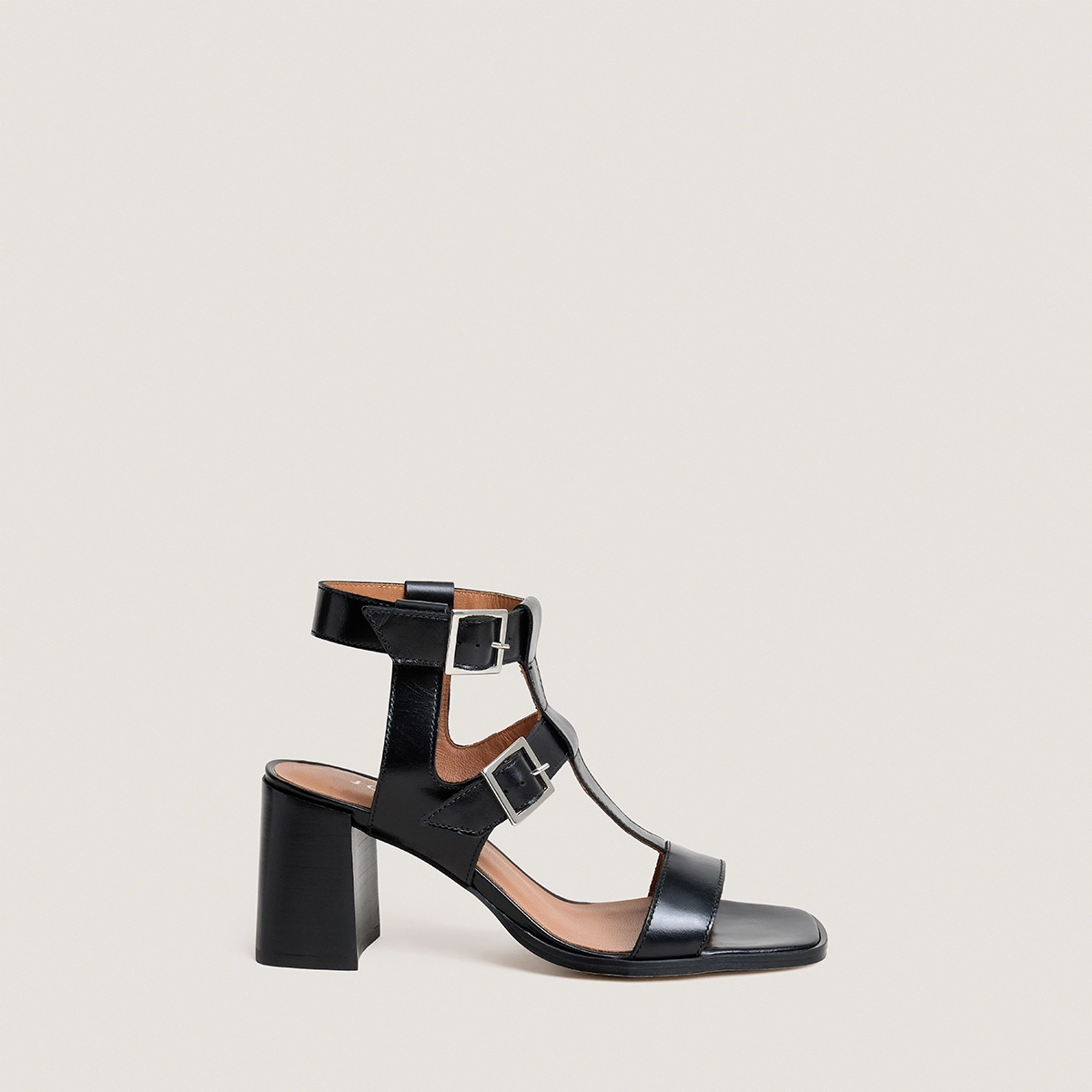 Heeled sandals with double adjustable straps in black leather | VALENCIA