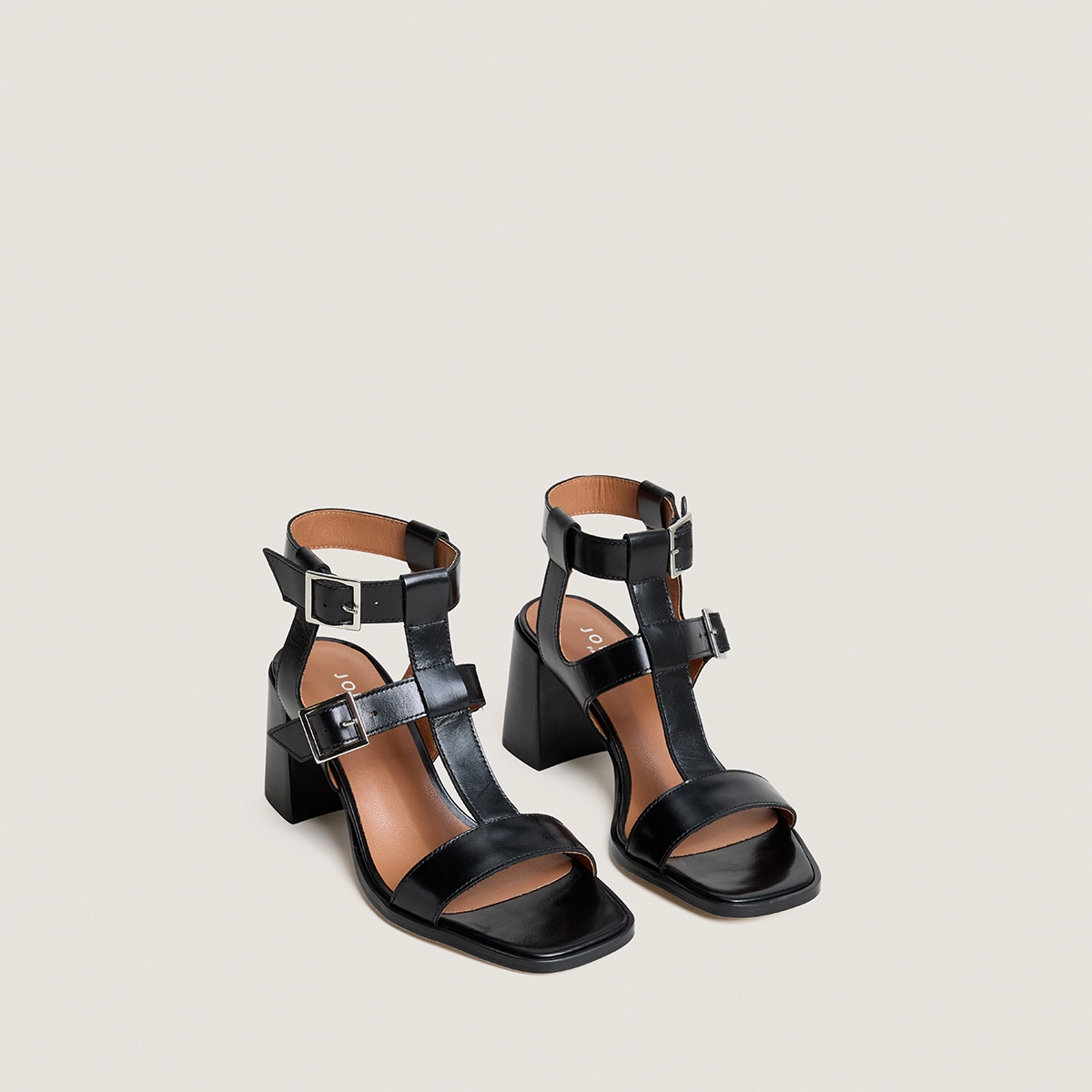 Heeled sandals with double adjustable straps in black leather | VALENCIA