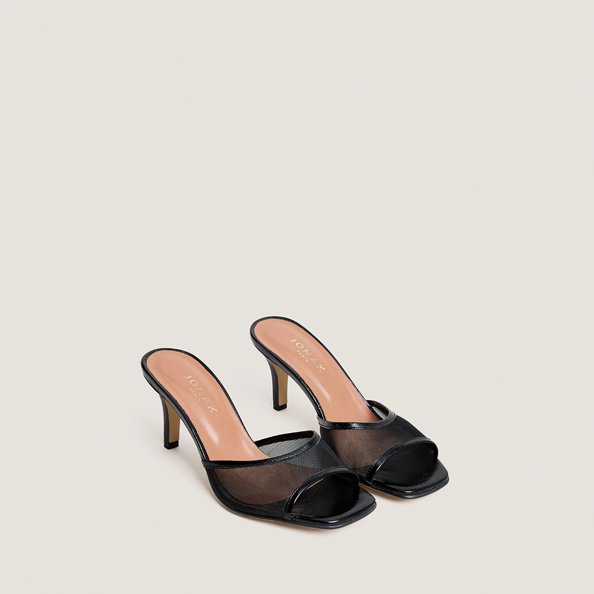 Heeled mules in black glossy leather and black mesh | VAV