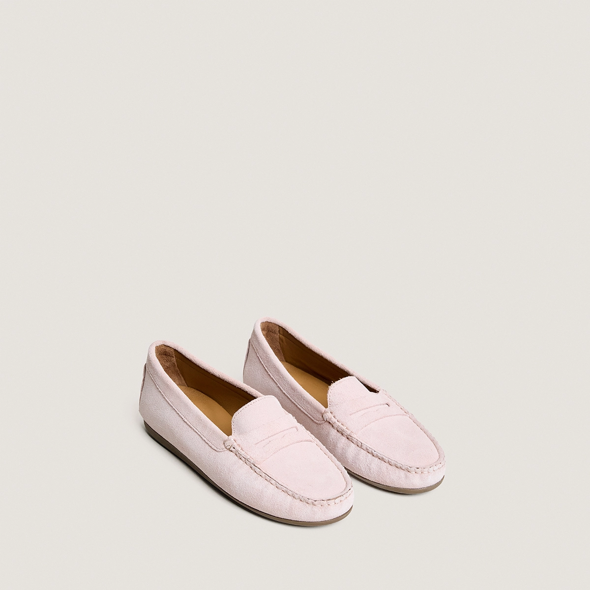 Square-toe loafers in pale pink split leather | LIV