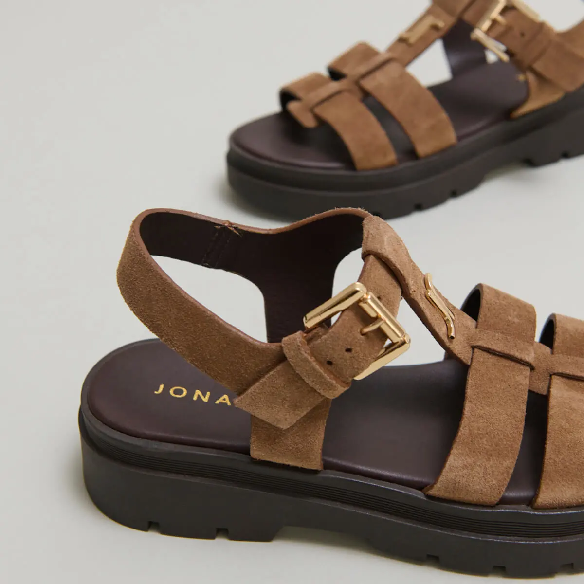 Platform sandals with monogram in taupe split leather | LIVERPOOL