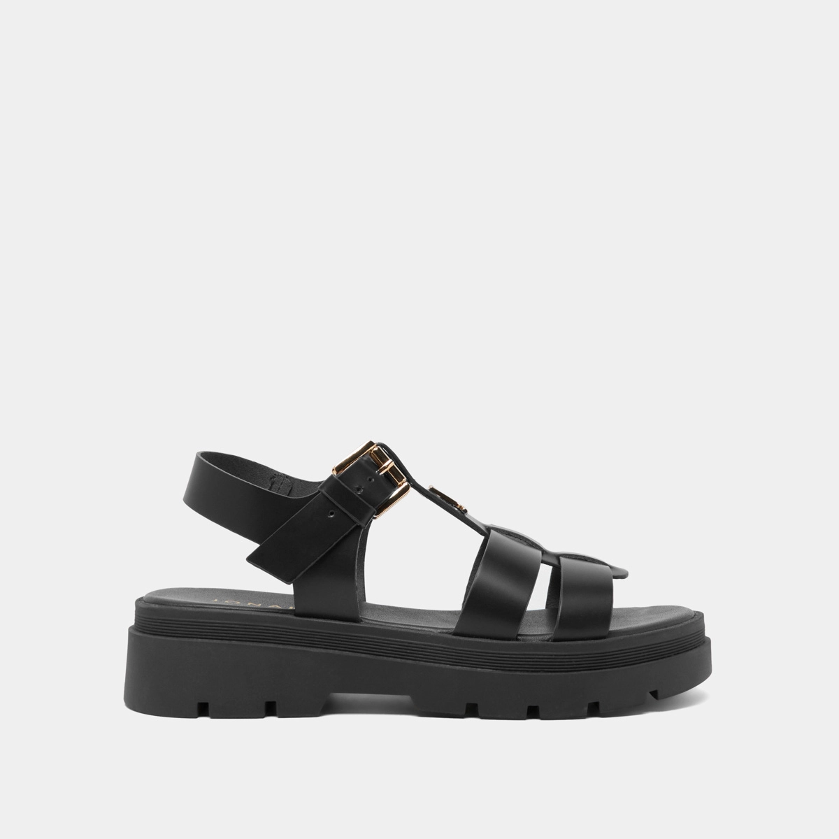 Platform sandals with monogram in black leather | LIVERPOOL