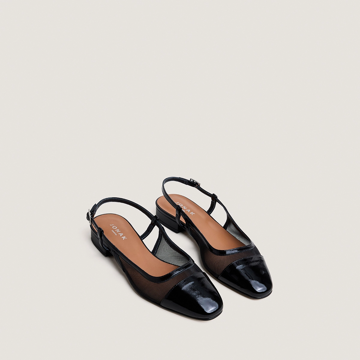 Slingback ballet flats in black pleated patent leather and black mesh | DRAGUS
