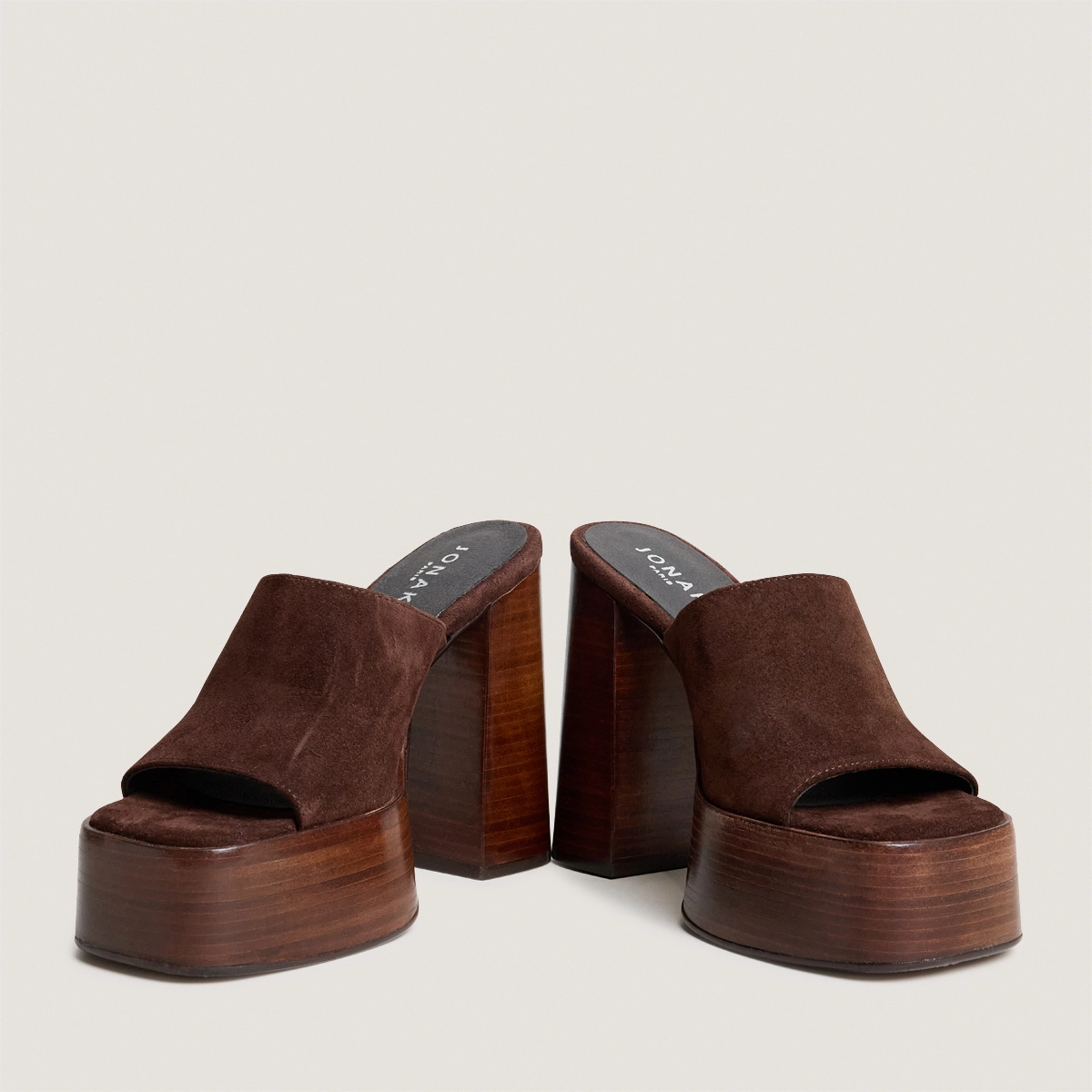 Open-toe heeled mules in chocolate split leather| BEATRICE