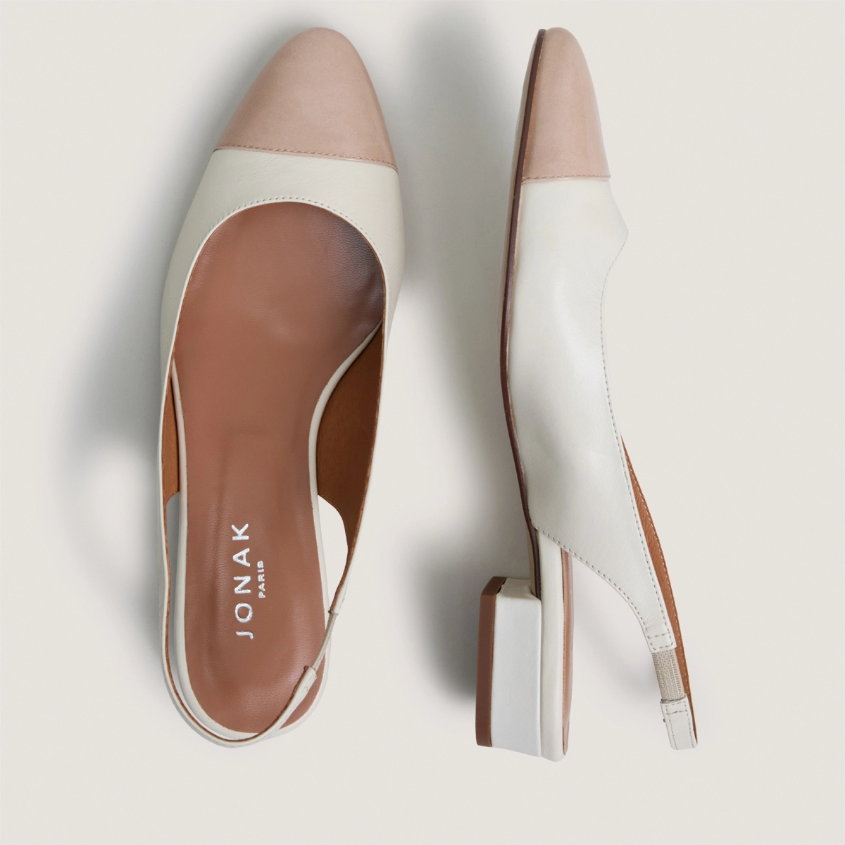 Low-heeled slingback ballet flats in beige patent leather and ecru aged leather | DECISION