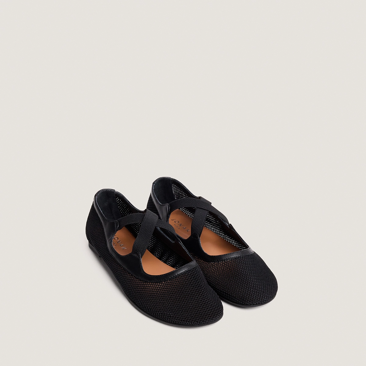 Elasticated ballet flats in black mesh and black leather | DESSIN