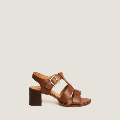 Block-heel sandals with adjustable buckles in cognac leather | alexandrie