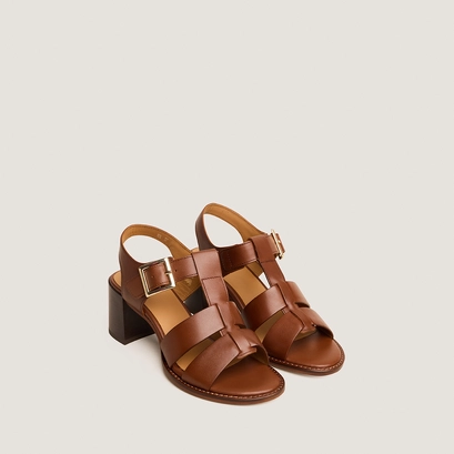 Block-heel sandals with adjustable buckles in cognac leather | alexandrie