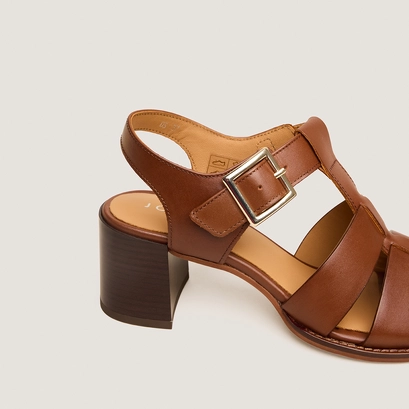 Block-heel sandals with adjustable buckles in cognac leather | alexandrie