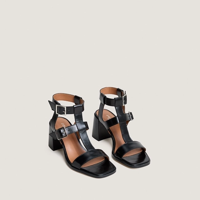 Heeled sandals with double adjustable straps in black leather | valencia