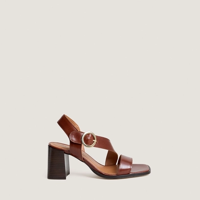 High laminated-heel sandals with wide straps in brown leather | vanelie