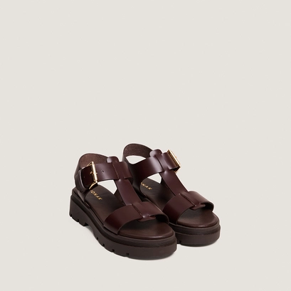 Platform sandals with wide straps in brown leather | lisbonne