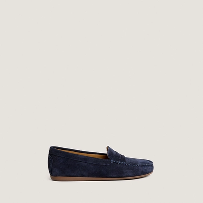 Square-toe loafers in navy split leather | liv