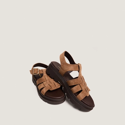 Sandals with treaded soles in taupe split leather | louisiane