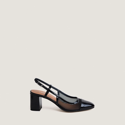 Heeled slingbacks in black pleated patent leather and black mesh | drag