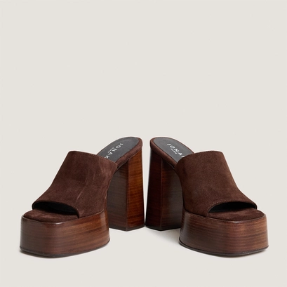 Open-toe heeled mules in chocolate split leather| beatrice
