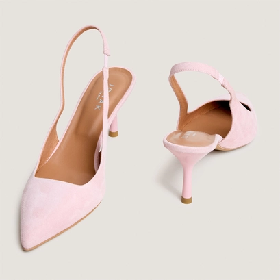 Pointed-toe pumps in petal pink suede | diamantine
