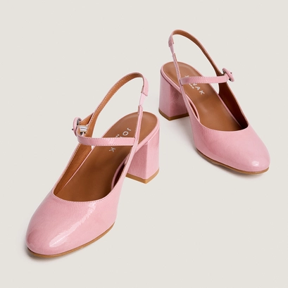 Open-back heeled mary janes in petal pink pleated patent leather | dollar
