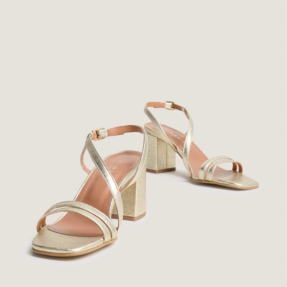 Heeled sandals with straps in platinum metallic textile | vimy